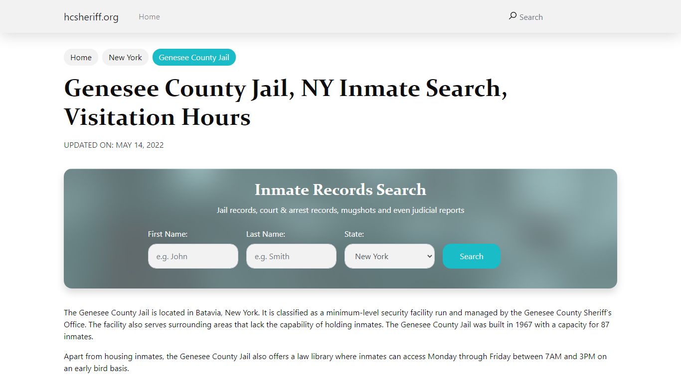 Genesee County Jail, NY Inmate Search, Visitation Hours